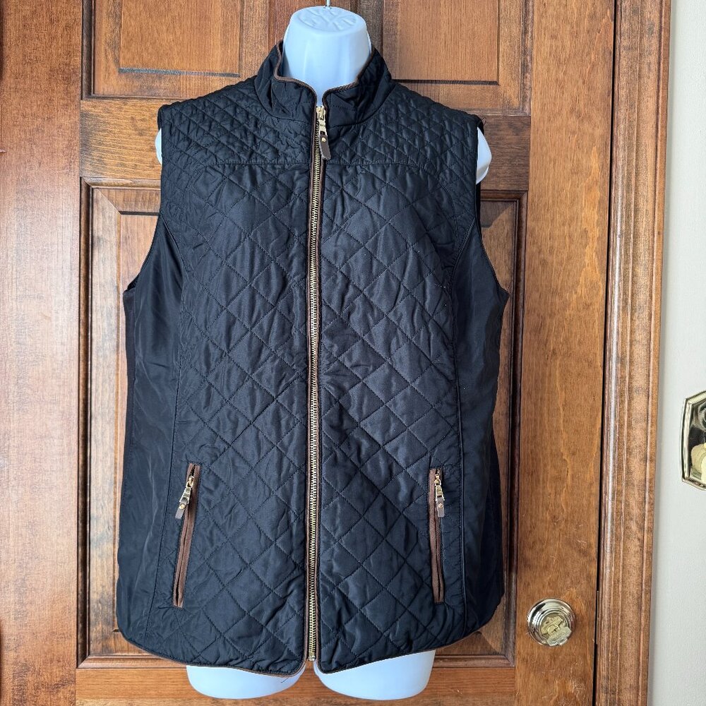Charter Club Black w/Faux Suede Brown Trim Quilted Puffer Vest Large